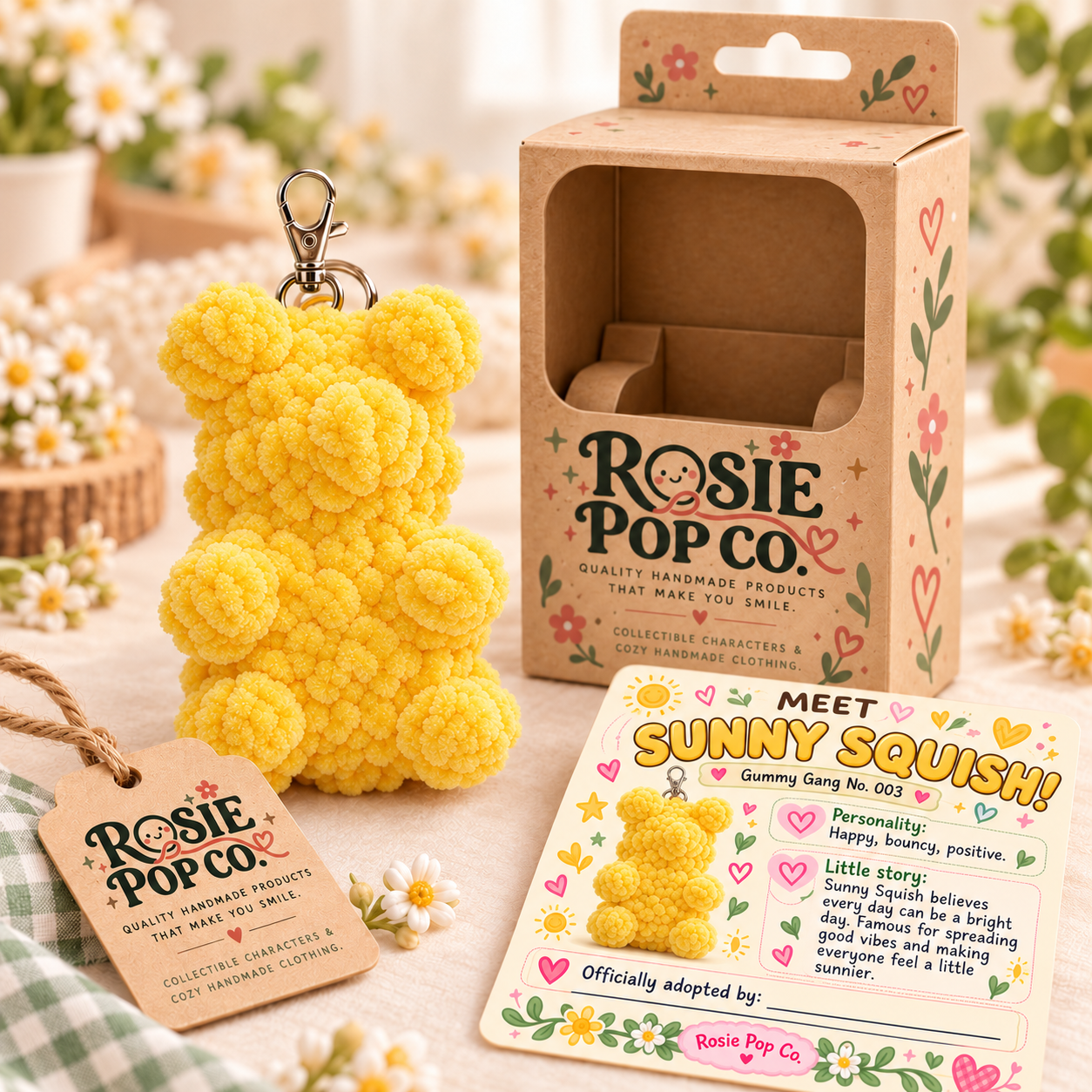 Sunny Squish, yellow crochet gummy bear with approved packaging and character card